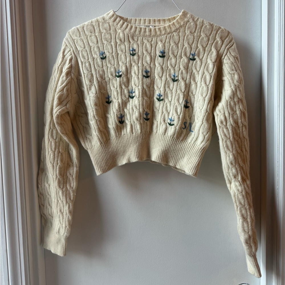 Sandy Liang Floral Embroidered Cable Knit Crop Half Sweater in Panna Cotta, S - Picture 4 of 9